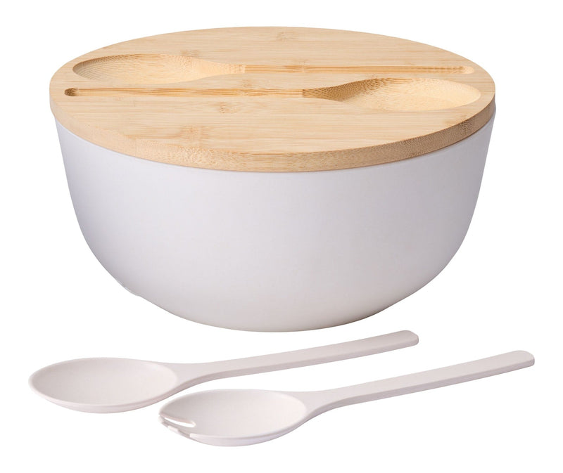 Bamboo Salad Bowl Set with Lid & Servers, White S1E2
