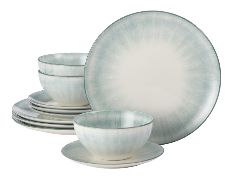 Porcelain Dinnerware Set, Serves 4, 12-pc, Sage Green Pad Print N6J2