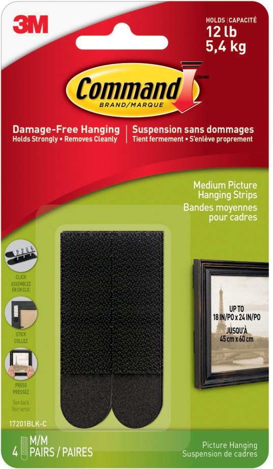 Medium Adhesive Picture Hanging Strips, Black, 12-lbs, 4 Strips Per Pack M6M4