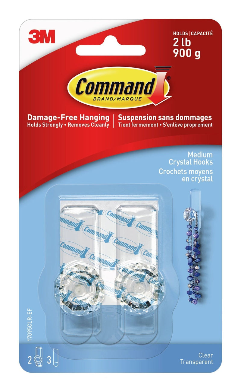 Medium Decorative Crystal Hooks with Adhesive Strips, Clear, 2-lbs, 2 Strips per Pack H4S4