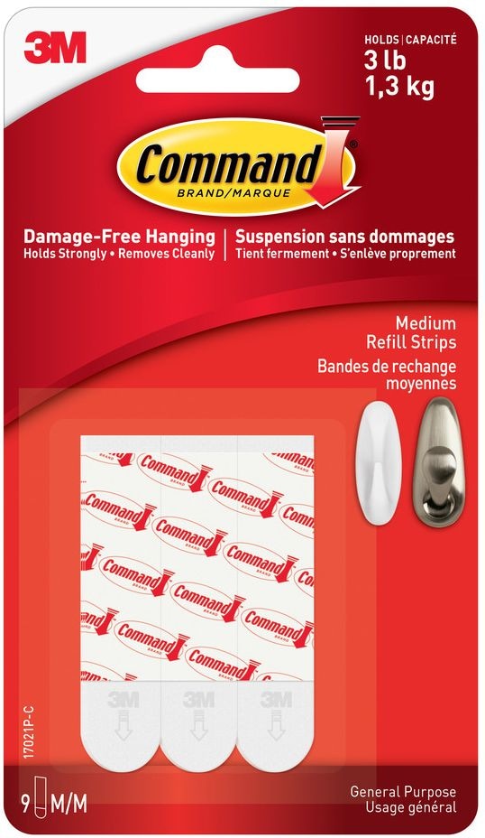 Medium General Purpose Refill Strips for Adhesive Hooks, White, 3-lbs, 9 Strips per Pack Q4R6