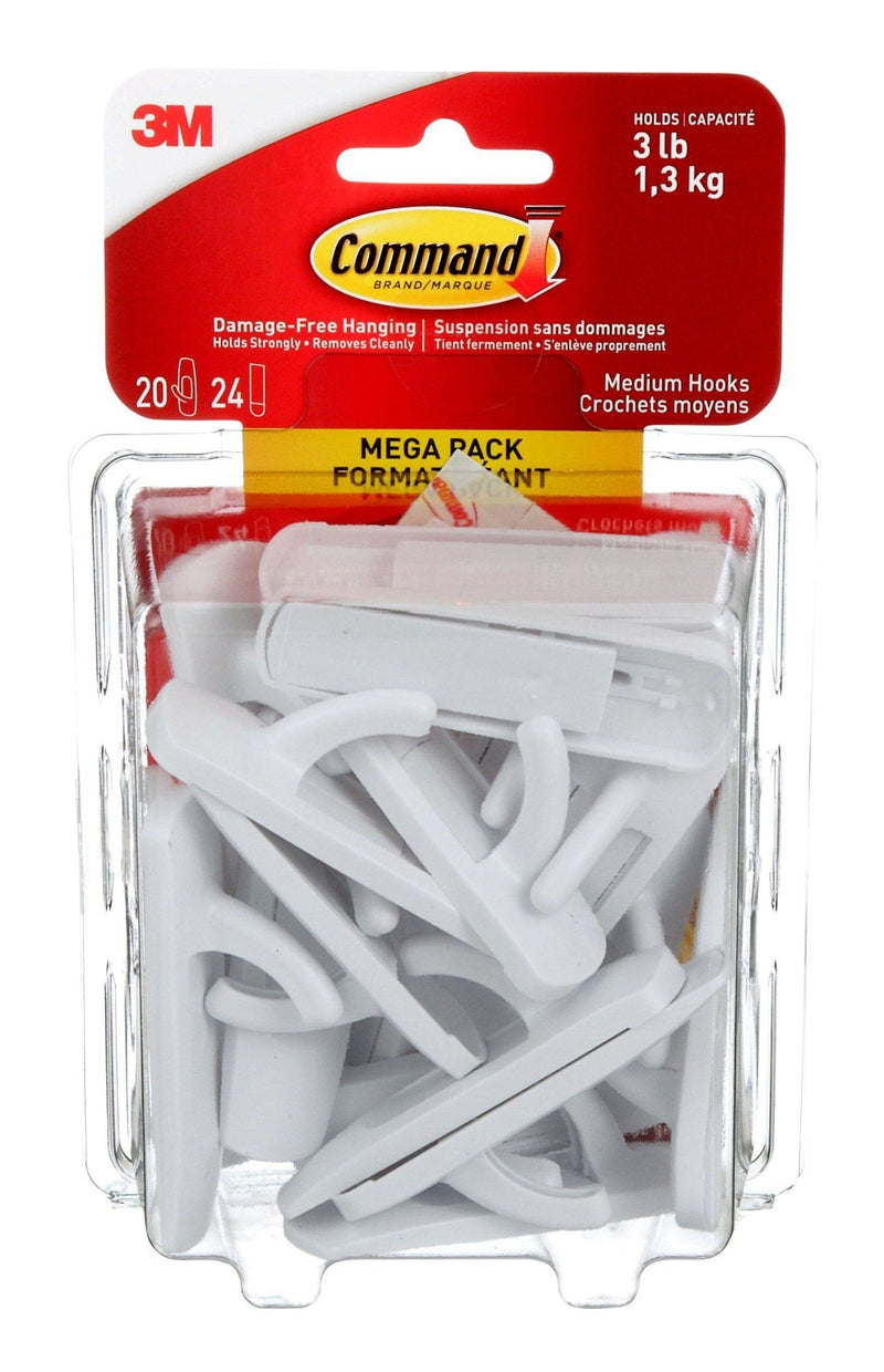 Medium Hooks Mega Pack with Adhesive Strips, White, 3-lbs, 20 Hooks/Pack A1O5