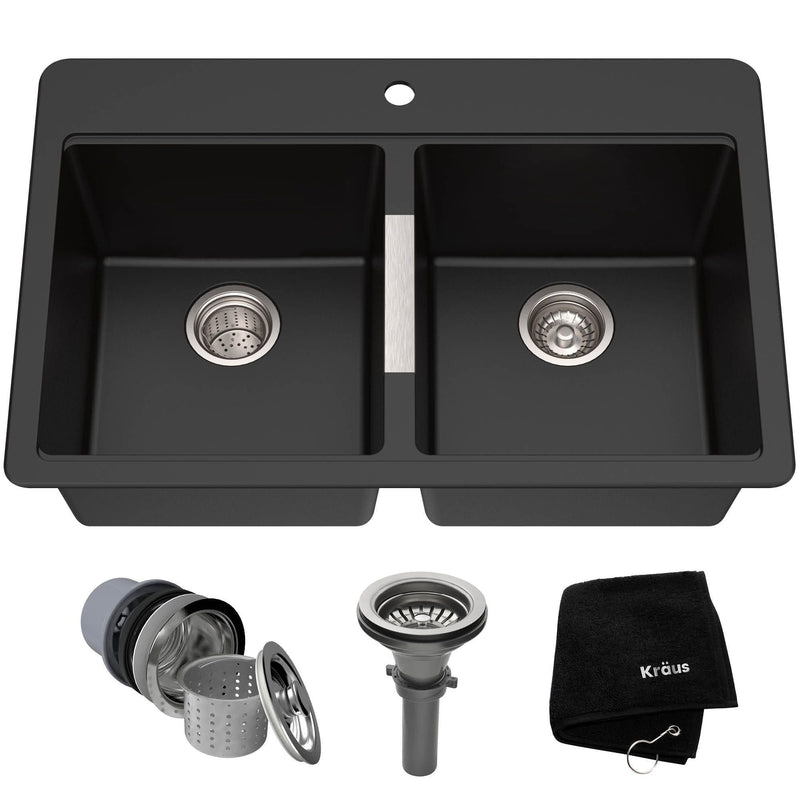 Quarza Undermount Granite Double Bowl Kitchen Sink, Black Onyx, 33x22x10-in F9G8