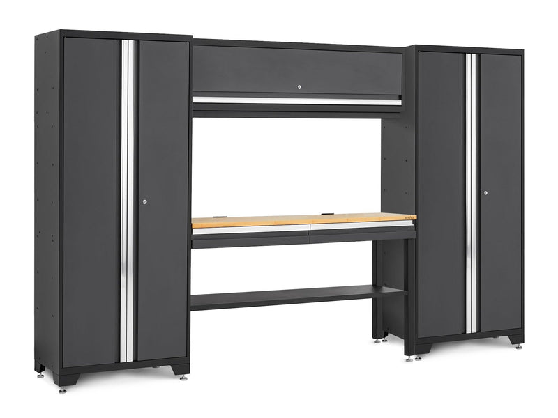 Bold 3.0 Series Lockable Steel Garage Cabinetry Set with Bamboo Top, Grey, 120-in x 18-in x 72-in, 5-pc E0C6