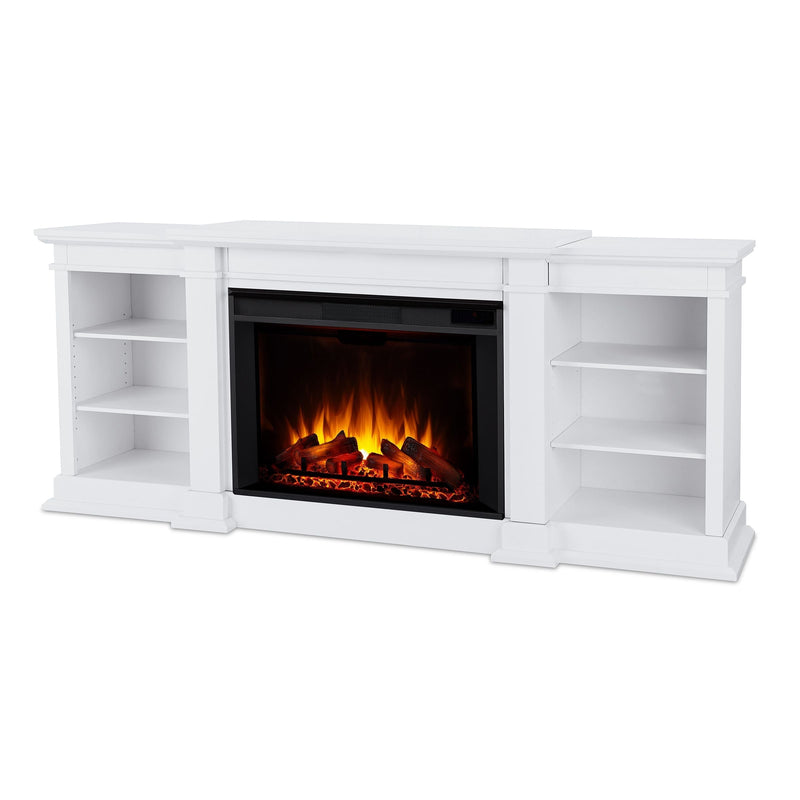 Flame Eliot Grand Entertainment VividFlame Media Indoor Electric Fireplace TV Stand, 1500W, Includes Remote Control & Firebox, White B3E6