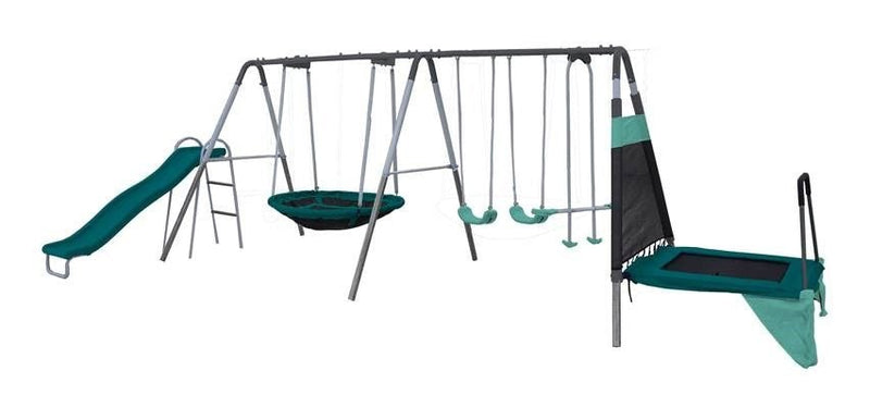 Outdoor Ravine Metal Swing Set Combo, 2 Swings, Glider, Trampoline & Saucer T5M2