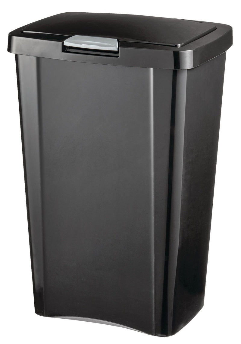 Plastic Rectangular Springloaded Touch Top Garbage Can, Black, 49-L T2F6
