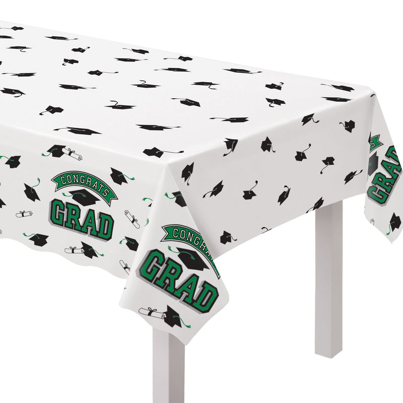 "Congrats Grad" Rectangle Plastic Reusable Table Cover, Green, 54x84-in, for Graduation Z6B2