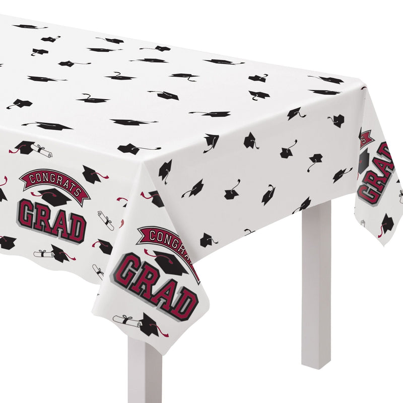 "Congrats Grad" Rectangle Plastic Reusable Table Cover, Maroon, 54x84-in, for Graduation A5H1