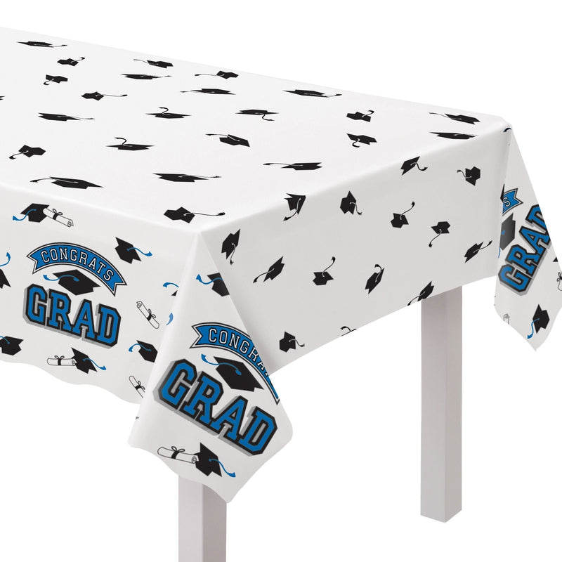 "Congrats Grad" Rectangle Plastic Reusable Table Cover, Navy, 54x84-in, for Graduation U7Y5