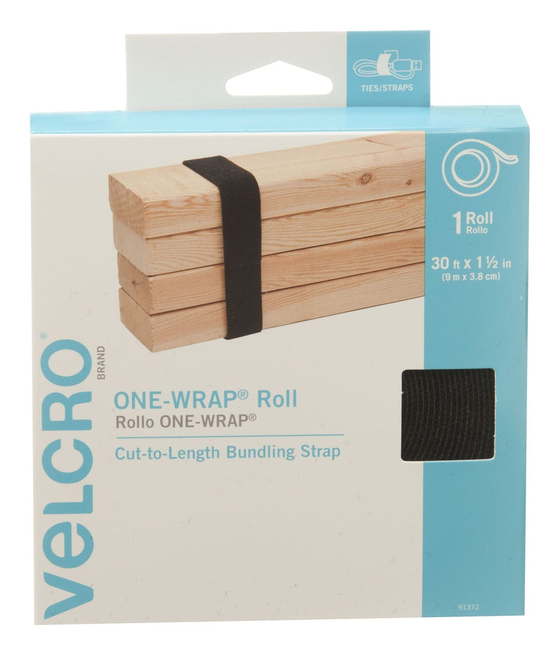 ONE-WRAP Adjustable Reusable Hook and Loop Strap, Black Roll, 30-ft x 1-1/2-in, 1-pk K9R6