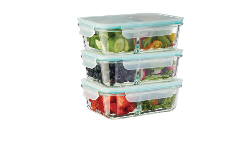 Glass Clip Food Storage Container Set with Compartments and Leakproof Lids, 3 Count M1N7