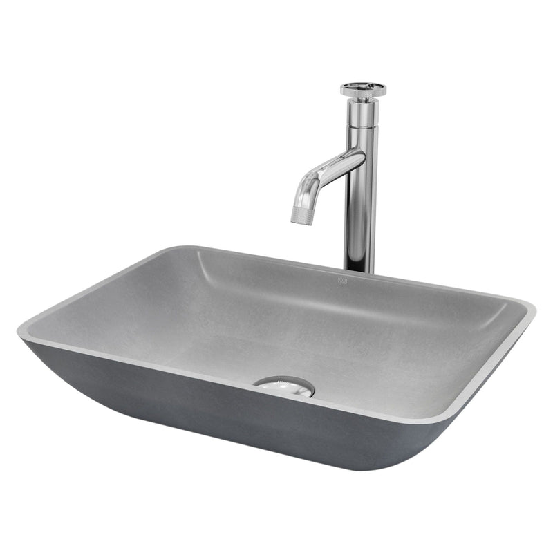 Duomo Gothic ConcretoStone Grey Bathroom Sink/Basin Set with Cass Faucet and Rectangular Vessel B5U6