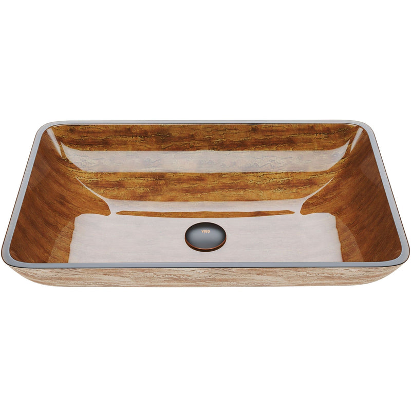 Glass Rectangular Vessel Bathroom Sink/Basin with Rounded Edges & Deep Bowl, Amber Sunset G1D3