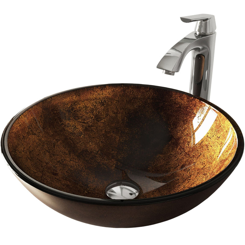 Glass Russet Brown Bathroom Sink/Basin Set with Linus Faucet and Round Vessel B7N4