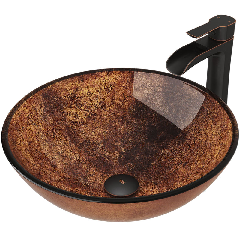 Glass Russet Brown Bathroom Sink/Basin Set with Niko Faucet and Round Vessel X4J0