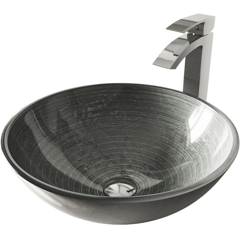 Glass Simply Silver Bathroom Sink/Basin Set with Chrome Duris Faucet and Round Vessel E1O7