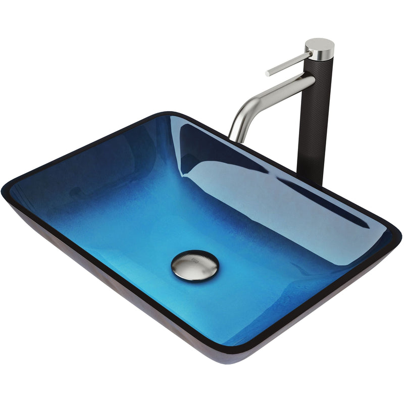 Glass Turquoise Water Bathroom Sink/Basin Set with Lexington Faucet and Rectangular Vessel A2F9