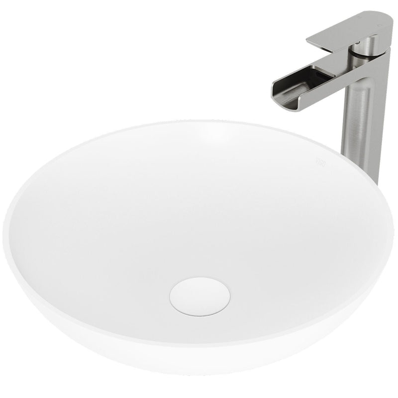 Lotus MatteStone Round White Composite Bathroom Sink/Basin Set with Amada Faucet and Pop-Up Drain P6A0