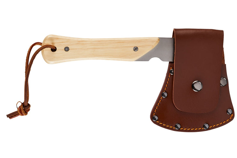 Mini Pack Axe, Steel Single-Bit Hatchet Axe with Wooden Handle, Leather Sheath & Strap H7A1